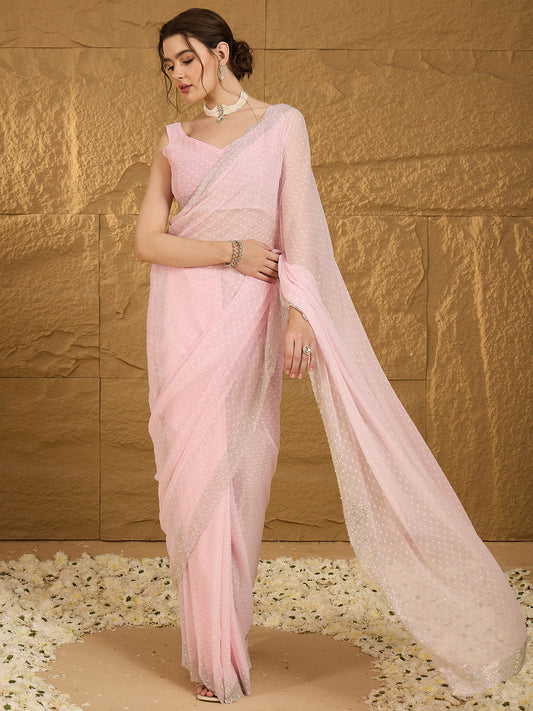Blush Pink Georgette Sequin Embroidery Saree