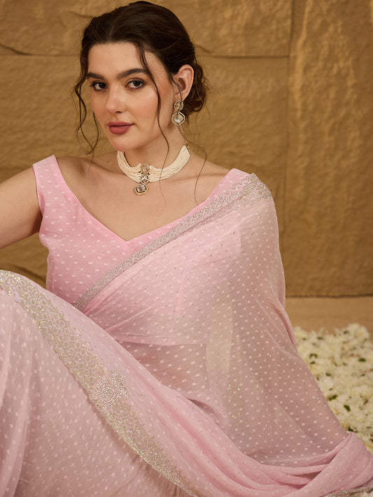 Blush Pink Georgette Sequin Embroidery Saree