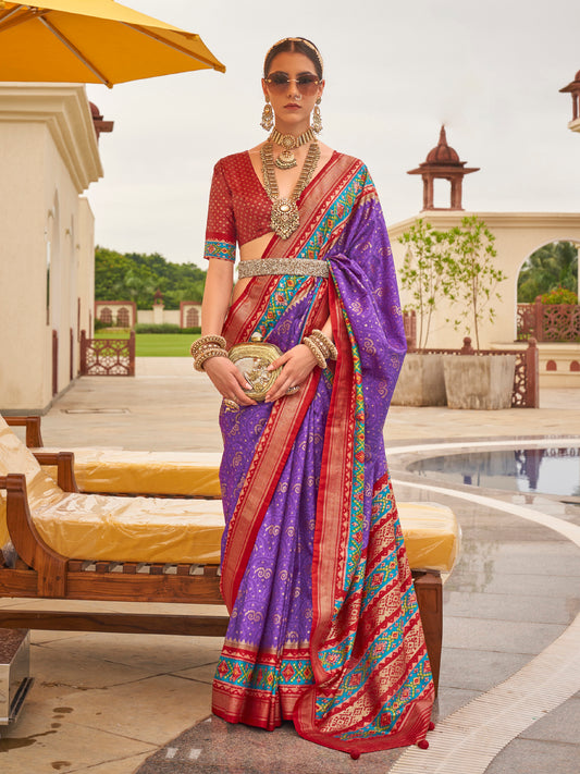 Purple & Red Patola Style Silk Blend Saree