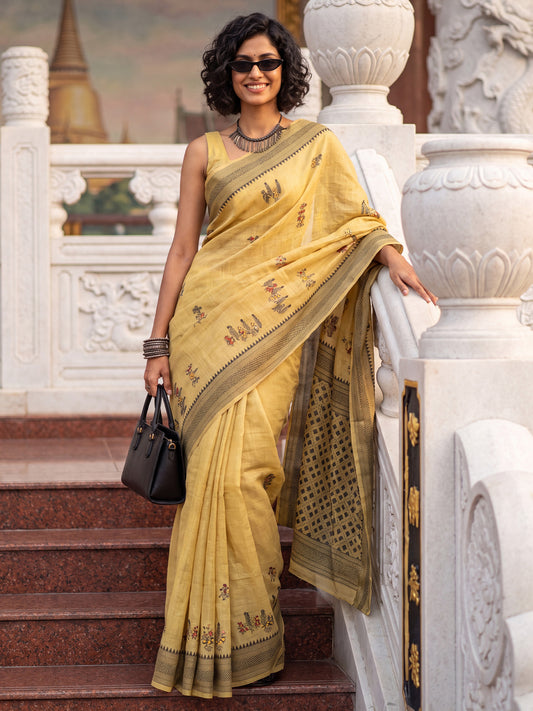 Yellow Woven Butta & Geometric Pallu Cotton Saree