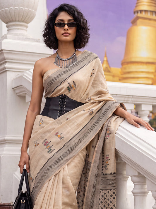 Beige Woven Ethnic Butta & Geometric Cotton Saree