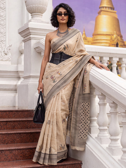 Beige Woven Ethnic Butta & Geometric Cotton Saree