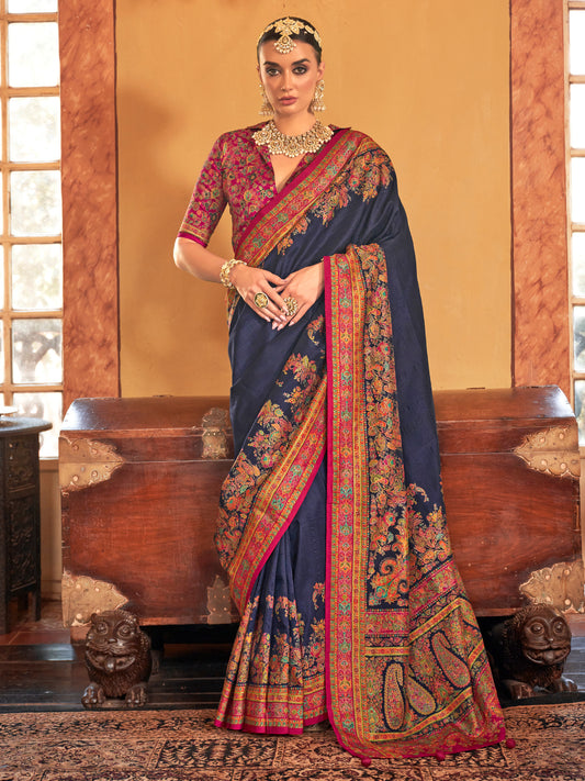 Navy Blue Kashmiri Jamawar Woven Silk Blend  Floral Weaving  Blouse Saree
