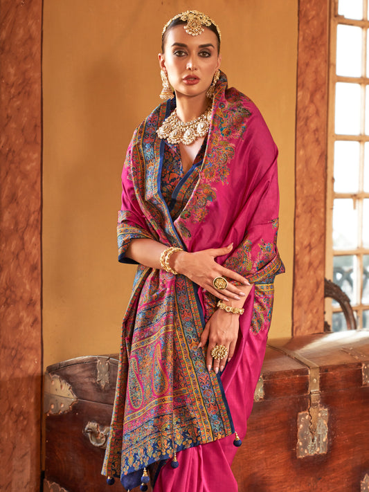 Pink & Navy Blue Silk Saree