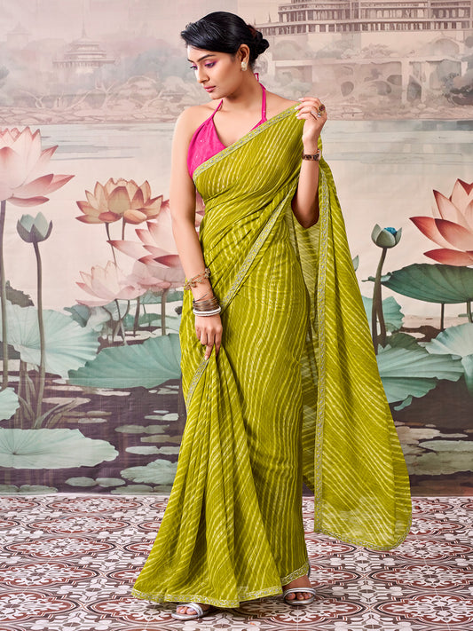 Swarnima Light Green Striped Georgette Saree with Embellished Border & Pink Blouse Piece