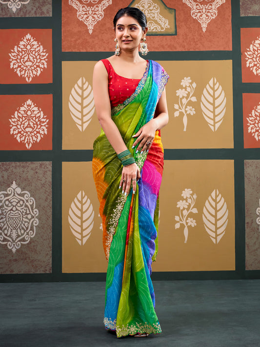 Meghna Multicolored Bandhani Chiffon Saree with Scallop Border & Red Blouse Piece