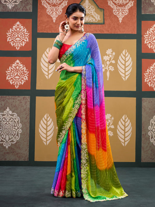 Meghna Multicolored Bandhani Chiffon Saree with Scallop Border & Red Blouse Piece