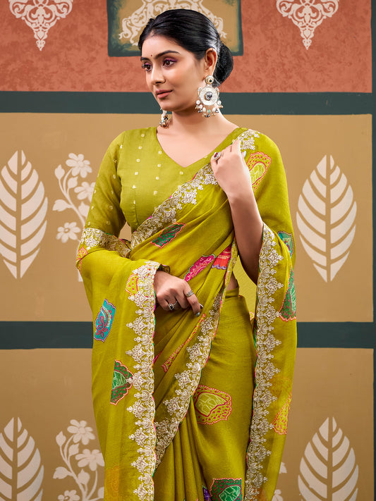 Ananya Olive Bandhani Chiffon Saree with Scallop Border & Olive Blouse Piece