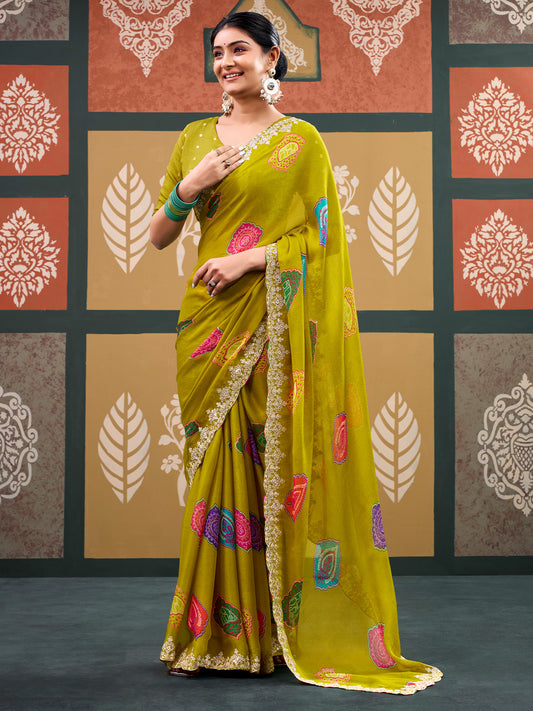 Ananya Olive Bandhani Chiffon Saree with Scallop Border & Olive Blouse Piece