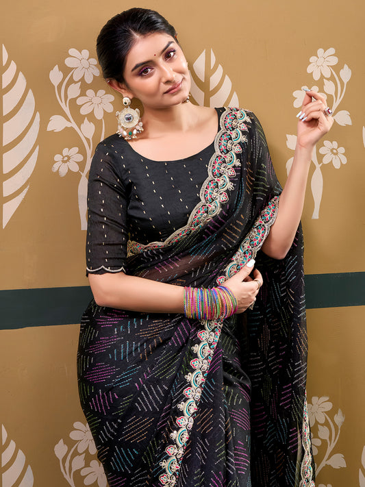Black Georgette Multicolor Abstract Print with Embroidered Lace Border