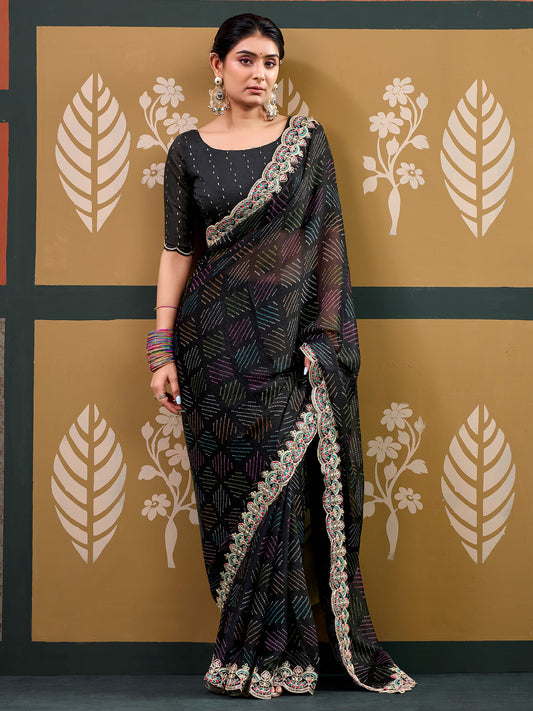 Black Georgette Multicolor Abstract Print with Embroidered Lace Border
