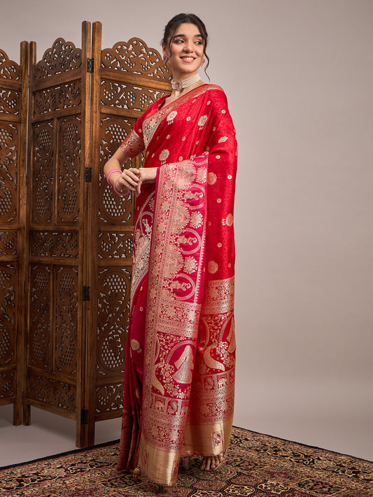 Red Banarasi Silk Zari Weaving Silk Blend Saree