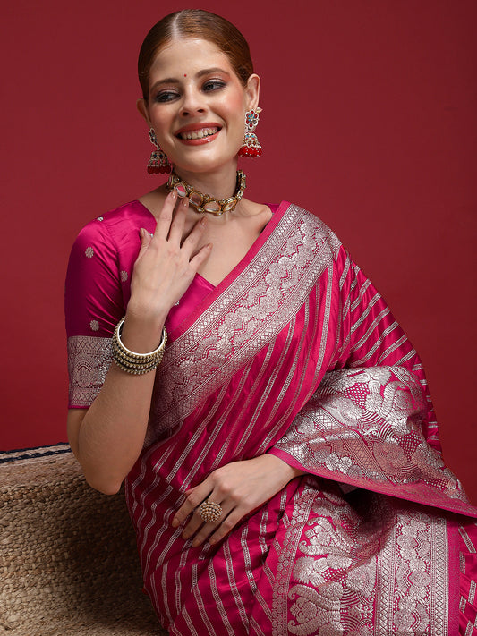 Ruby Red Satin Silk Banarasi Leheriya Zari Weave Saree