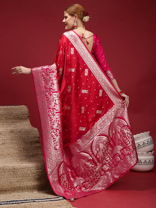 Red Banarasi Satin Silk Zari Woven Saree