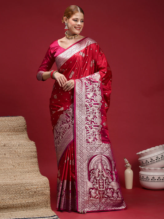 Red Banarasi Satin Silk Zari Woven Saree