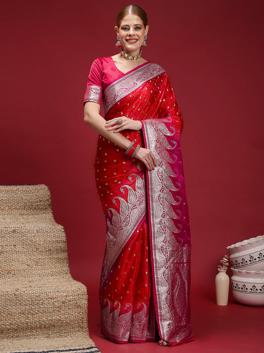 Maroon & Pink Silk Blend Heritage Banarasi Style Saree