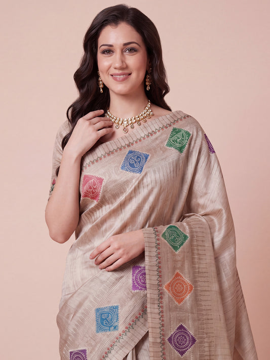 Beige Digital Print Silk Cotton Saree