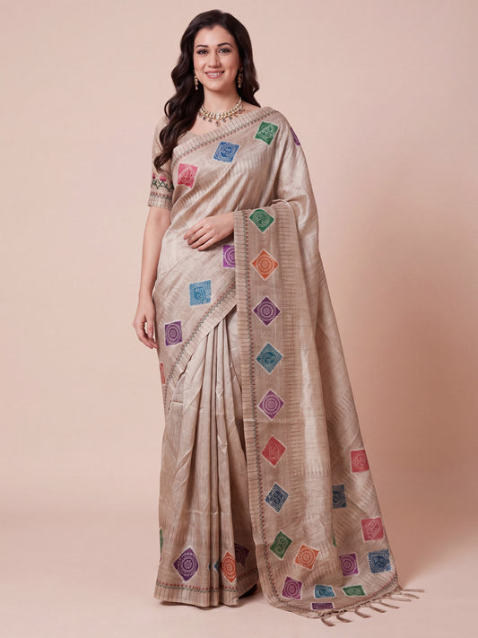 Beige Digital Print Silk Cotton Saree