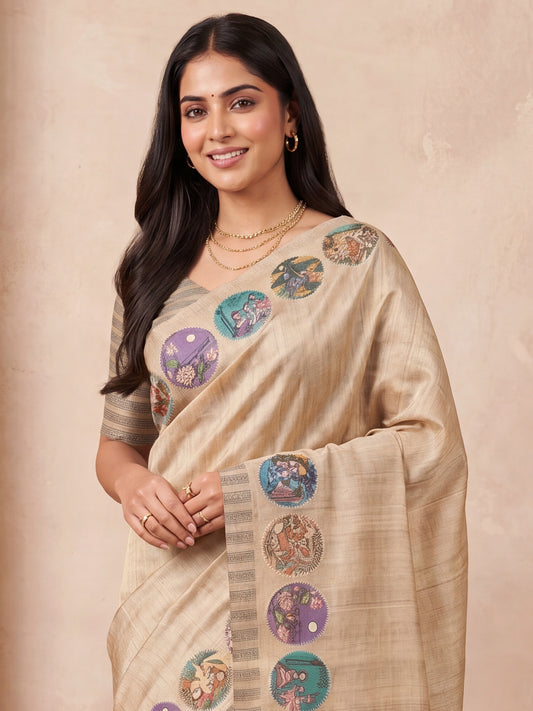 Beige Digital Print Cotton Silk Saree