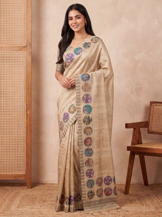 Beige Digital Print Cotton Silk Saree