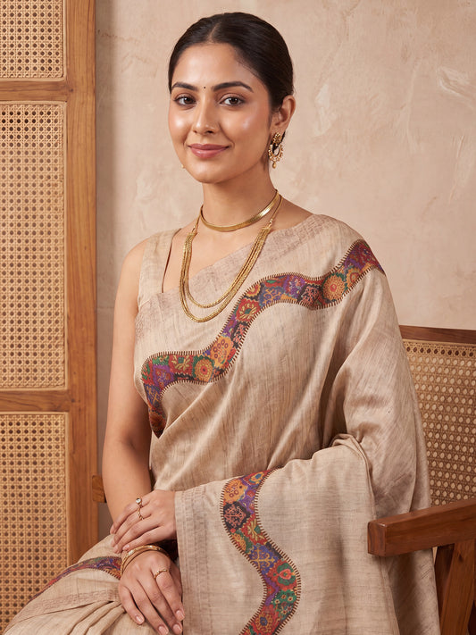 Beige Digital Print with Embroidery Cotton Silk Saree