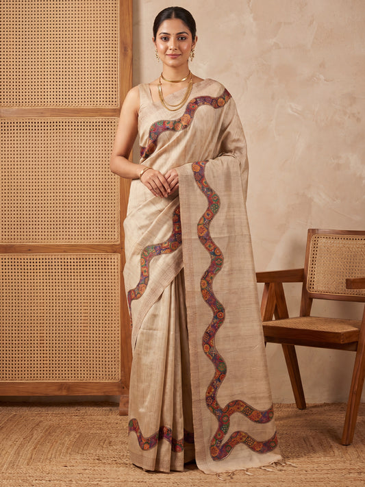 Beige Digital Print with Embroidery Cotton Silk Saree