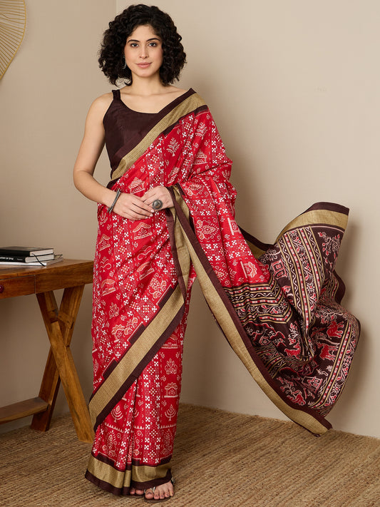 Red Ikat Print Saree with Tribal Pallu & Blouse
