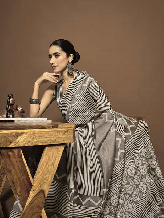 Grey Block Print Cotton Saree with Stripe & Leaf Motifs