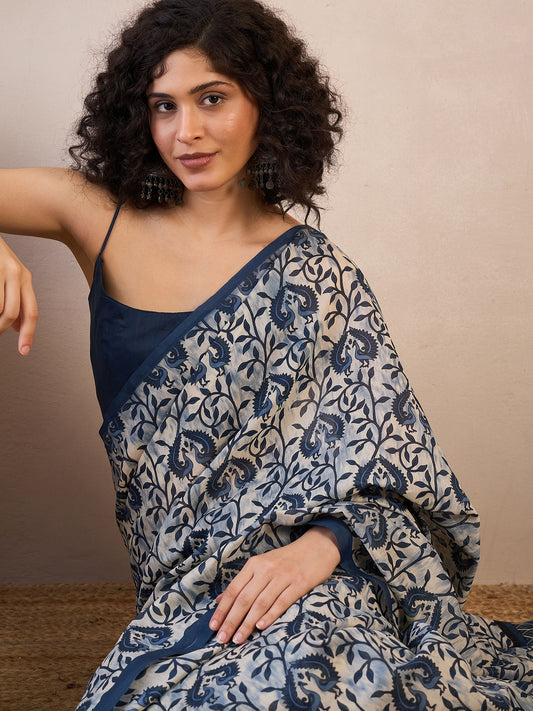 Ready to wear Ivory Ajrakh Block Print Chiffon Saree
