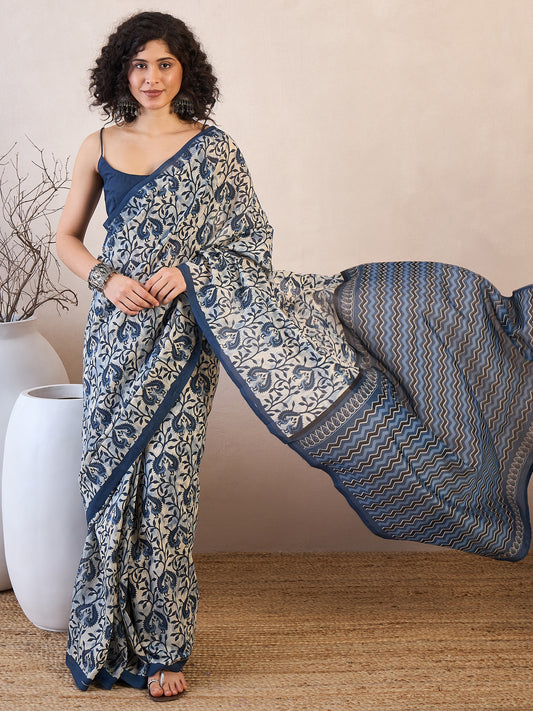 Ivory Ajrakh Block Print Chiffon Saree with Navy Paisley & Vine Motifs, Chevron Zigzag Pallu & Navy Crop Blouse
