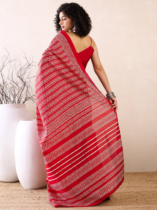 Red Bagh Block Print Cotton Saree