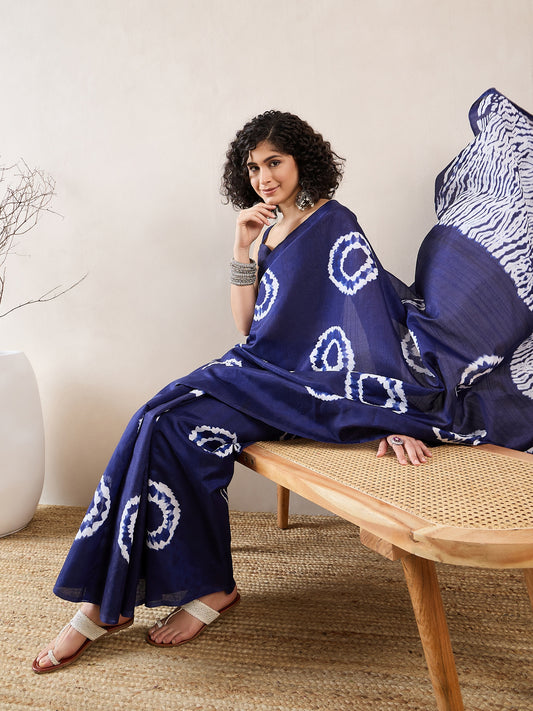 Navy Blue Shibori Tie-Dye Cotton Saree with Circular Medallions & Wave Texture Pallu