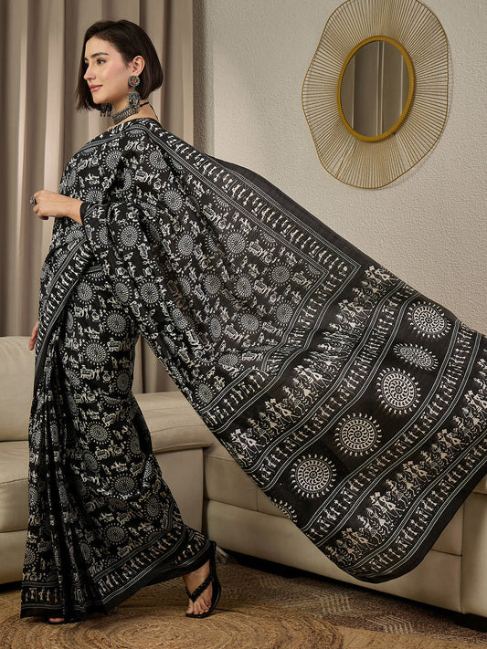 Black Warli Printed Bhagalpuri Saree