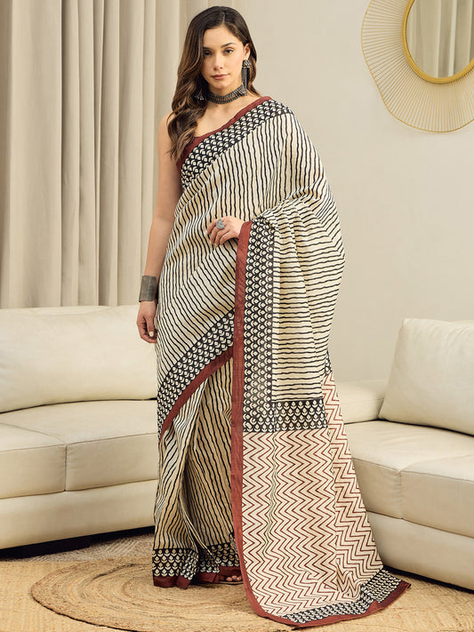 Cream Bhagalpuri Silk Saree