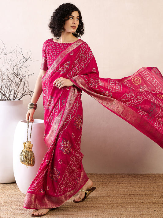 Rani Pink Bandhani Silk Saree with Zari Border & Blouse