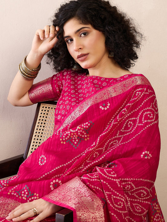 Ready to wear Pink  Bandhani Printed Zari Saree