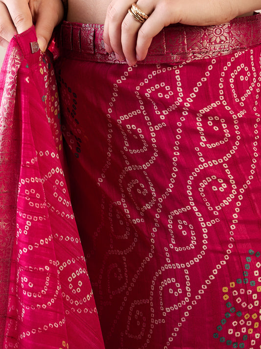 Ready To Wear Rani Pink Bandhani Silk Saree