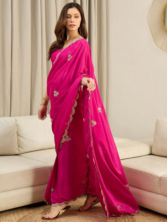 Rani Pink Embroidered Silk Saree with Stitched Blouse