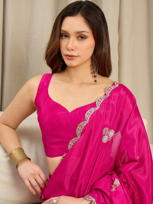 Ready to Wear Pink Embroidered Chinon Saree
