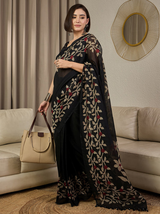 Black Jamdani Cotton Silk Saree with Woven Ivory & Red Leaf Vine Motifs, Large Vine Pallu & Buti Crop Blouse