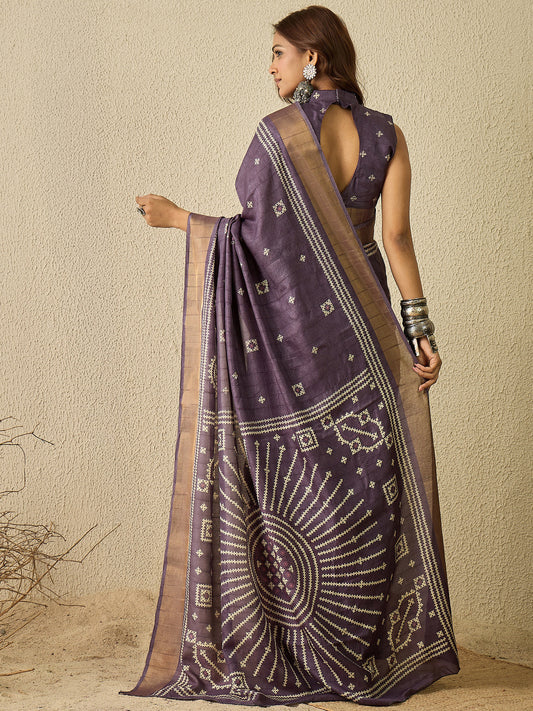 Deep Plum Tussar Silk Saree with Ivory Cross-Stitch Butis, Bronze Zari Border, Sunburst Mandala & Paisley Pallu & Mandarin Collar Blouse