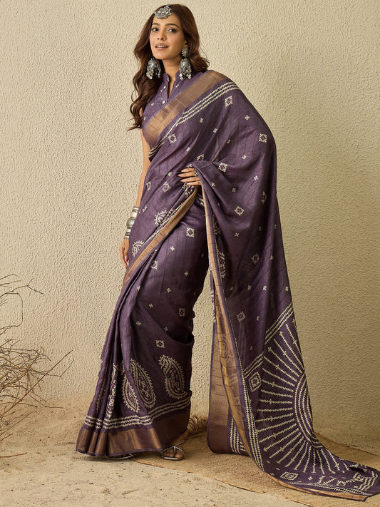Deep Plum Tussar Silk Saree with Ivory Cross-Stitch Butis, Bronze Zari Border, Sunburst Mandala & Paisley Pallu & Mandarin Collar Blouse