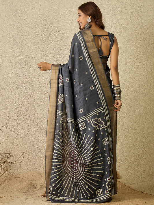 Slate Grey Tussar Silk Saree with Gold Zari Check Body, Kutch Cross-Stitch Paisley Pallu with Sunburst Mandala & Matching Blouse