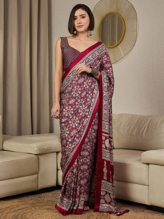 Maroon Satin Silk Ajrakh Block Printed Saree