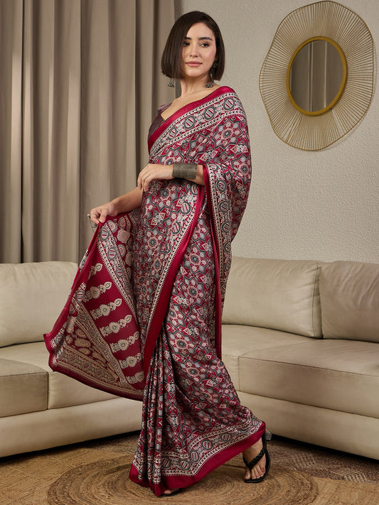 Deep Crimson Red Gajji Silk Ajrakh Saree