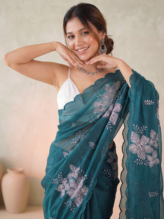 RTW Teal blue Embroidered Floral Organza Saree