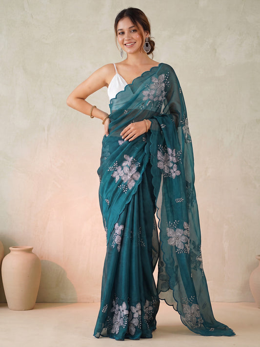 RTW Teal blue Embroidered Floral Organza Saree
