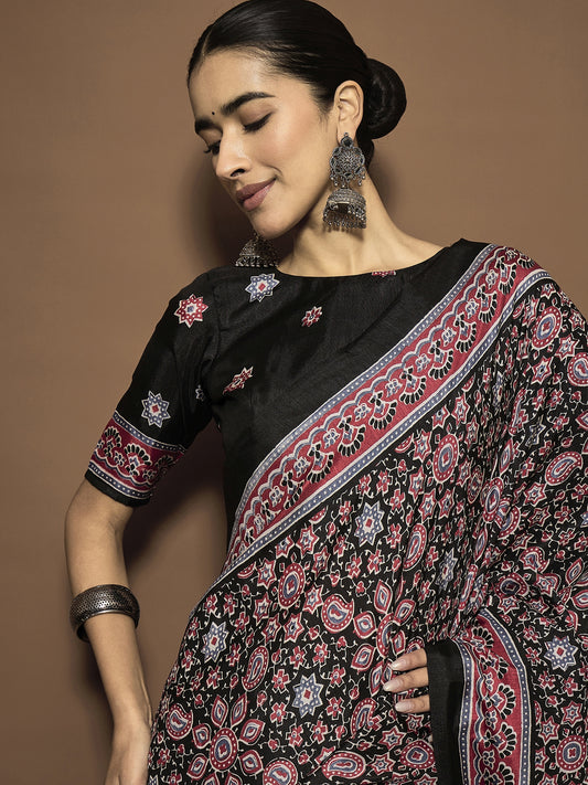 Black Ajrakh Modal Silk Saree with Dense Paisley Print