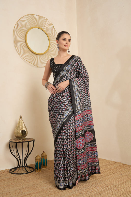 Maitri Black Ajrak Dola Silk Saree with Printed Border & Black Blouse Piece