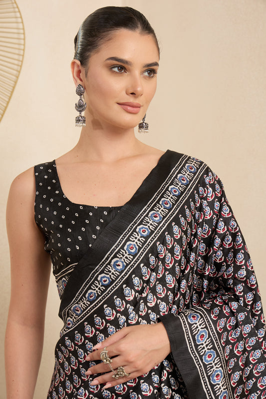 Maitri Black Ajrak Dola Silk Saree with Printed Border & Black Blouse Piece